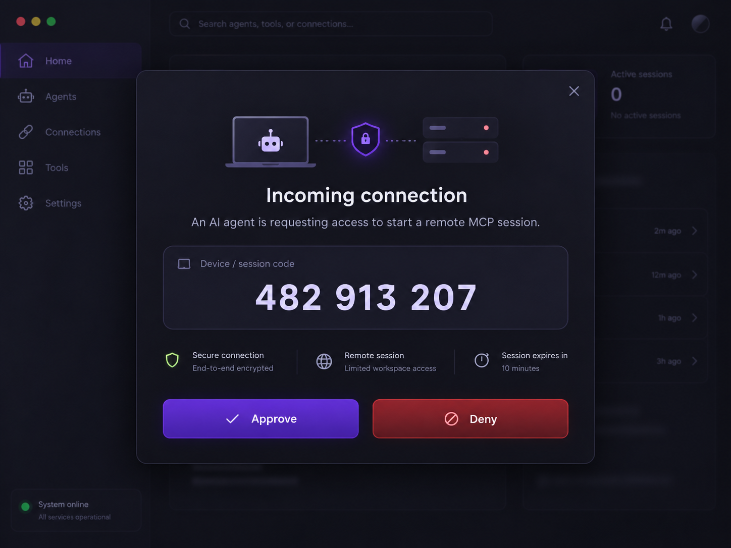 MCP Desk approve dialog for an incoming AI agent connection