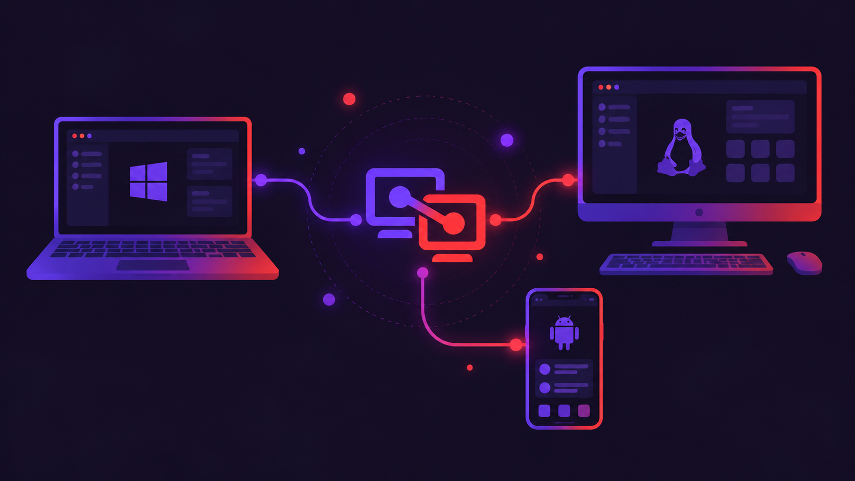 MCP Desk on Windows, Linux, and Android devices linked through one hub
